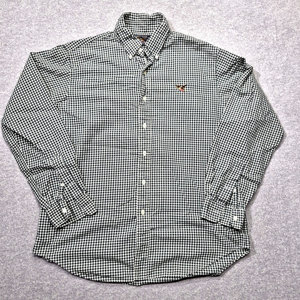 Vintage American Living Mens L Flannel Shirt Green Red Plaid Cotton Button Down